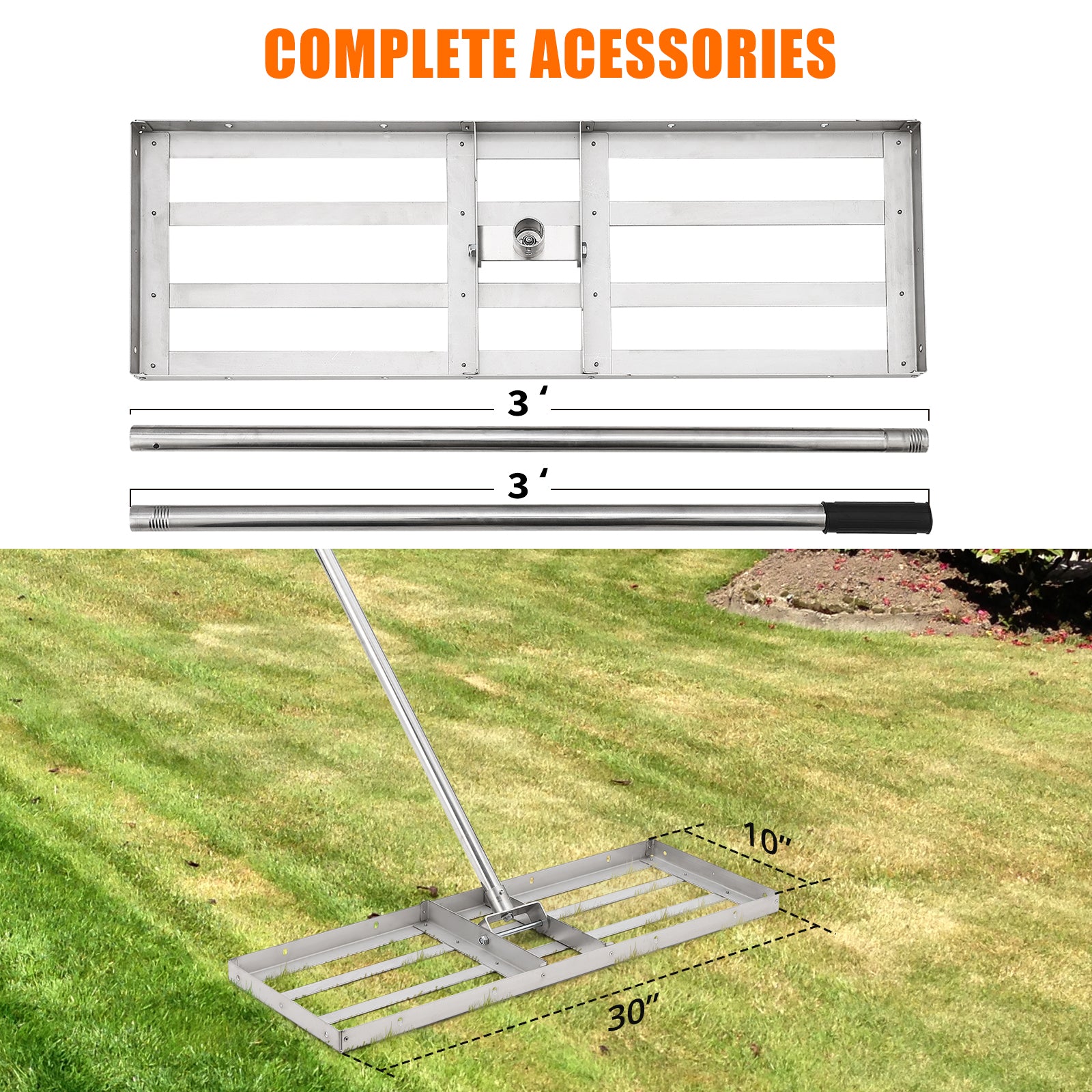 Garvee 30"×10" Heavy-Duty Steel Lawn Leveling Rake with 180° Flexible Rotation - Topdressing Spreader Tool for Backyard, Garden, Golf Course, Farm, and Pasture