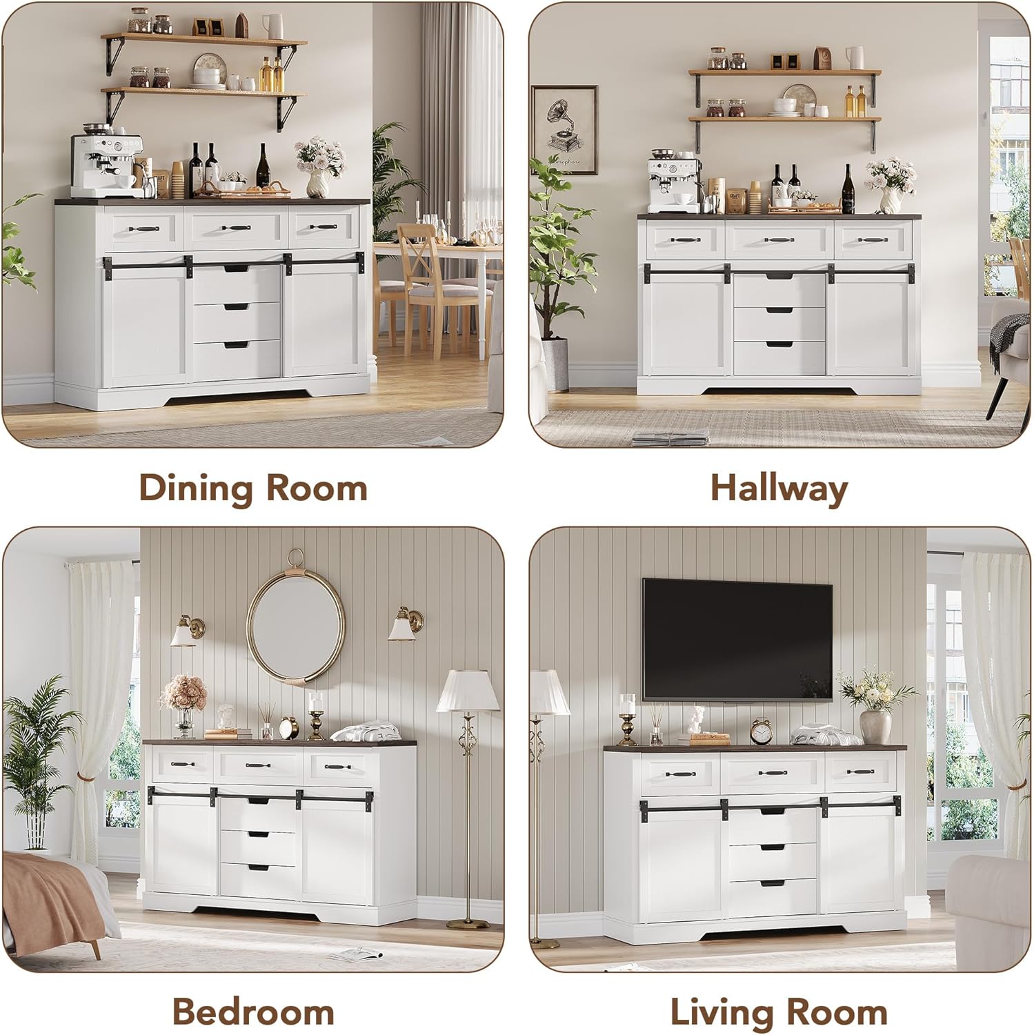 Garvee 6 Drawer Dresser, 47 Inch Farmhouse Chest of Drawer with 2 Sliding Barn Doors, Rustic Wooden Storage Cabinet with Adjustable Shelves for Bedroom Living Room Dining Room