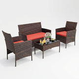 Garvee 4-Piece Rattan Patio Conversation Set with Cushioned Seating & Coffee Table, Brown/Red - Brown / Red