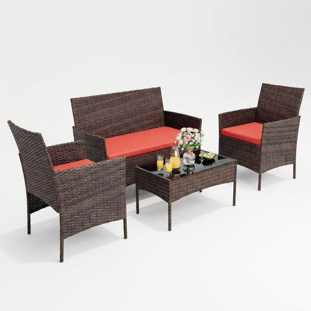 Garvee 4-Piece Rattan Patio Conversation Set with Cushioned Seating & Coffee Table, Brown/Red