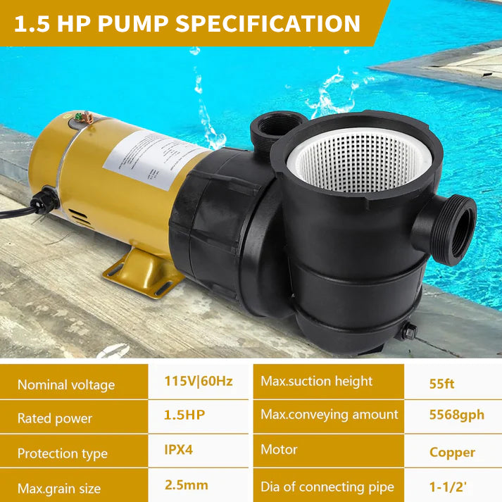 Garvee 1.5HP Swimming Pool Pump Single Speed In/Above Ground Water Pump,115V 5568GPH & High Flow, Powerful Primming Swimming Pool Pumps with Filter Basket, Low Noise for Family