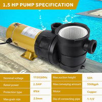 Garvee 1.5HP Swimming Pool Pump Single Speed In/Above Ground Water Pump,115V 5568GPH & High Flow, Powerful Primming Swimming Pool Pumps with Filter Basket, Low Noise for Family