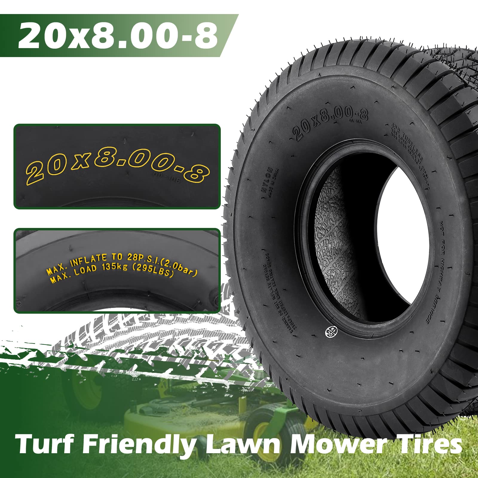 20x8.00-8 Mower Tire 2Pcs for Garden Tractors & Riding Mowers