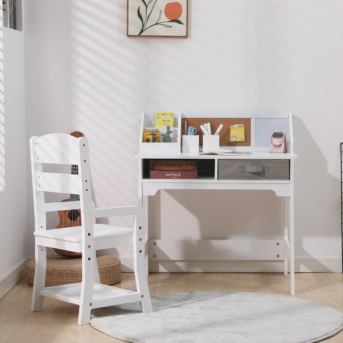 Garvee Kids Study Desk and Chair Set, Wood Writing Table with Storage Bins, Kids Study Desk with Bookshelf, Bulletin Board, Computer Desk for Boys Girls