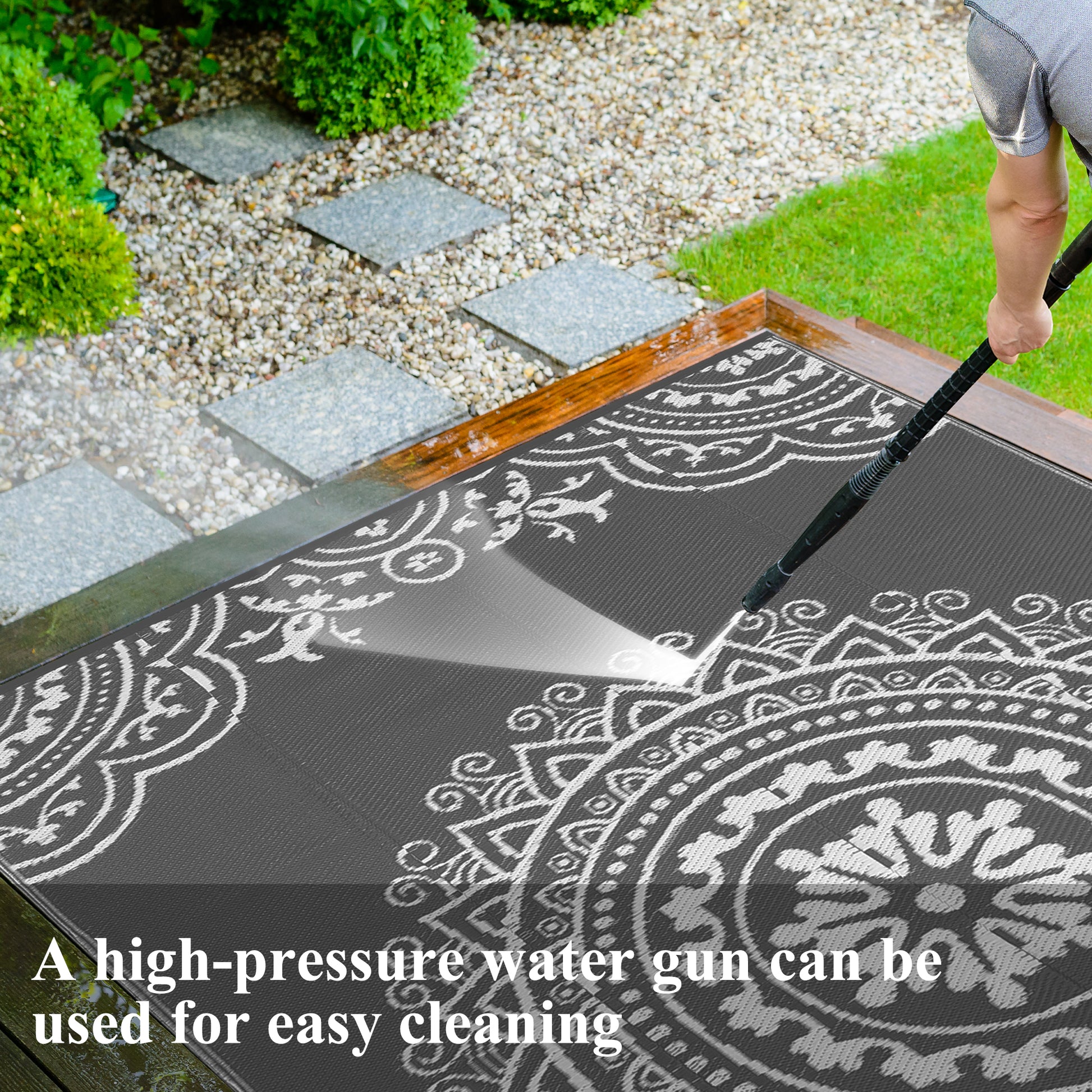 Garvee Outdoor Grey & White 5x8 Reversible Mats, Plastic Straw Rug, Modern Area Rug, Large Floor Mat for Outdoors, RV, Patio, Backyard, Deck, Picnic, Beach, Trailer, Camping, Porch, Balcony