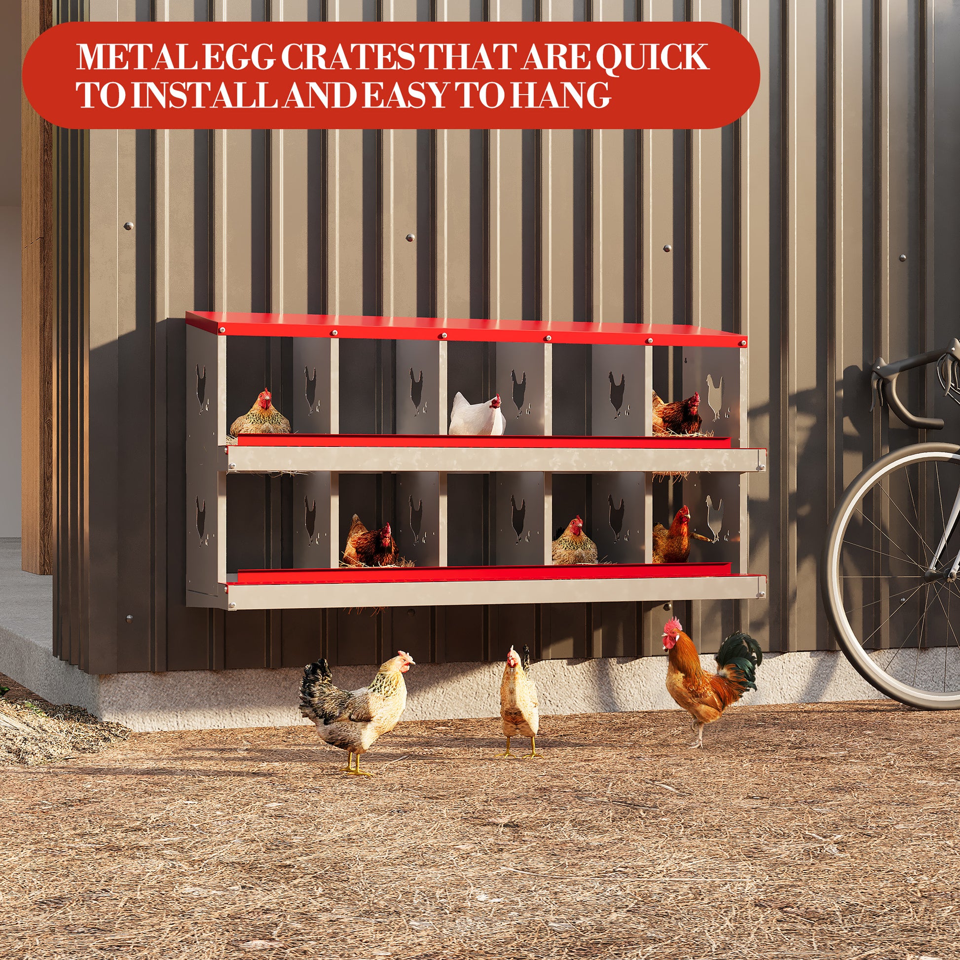 Garvee Metal Chicken Nesting Box with 10 Compartments, Heavy-Duty Galvanized Steel, Egg Roll-Away System, Ventilated Design, Wall-Mountable, Red, for Poultry Coops