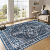 Garvee Living Room Machine Washable Non Slip Low Pile Lightweight Chenille Print Rug Vintage Retro Rugs for Bedroom Dining Room Home Office - Blue