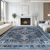 Garvee Living Room Machine Washable Non Slip Low Pile Lightweight Chenille Print Rug Vintage Retro Rugs for Bedroom Dining Room Home Office - Blue