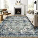 Garvee 8'x10' Area Rugs Vintage Floral Distressed Rug ,Non-Slip Low Pile Distressed Indoor Carpet Soft Rug for Living Room Bedroom - Blue