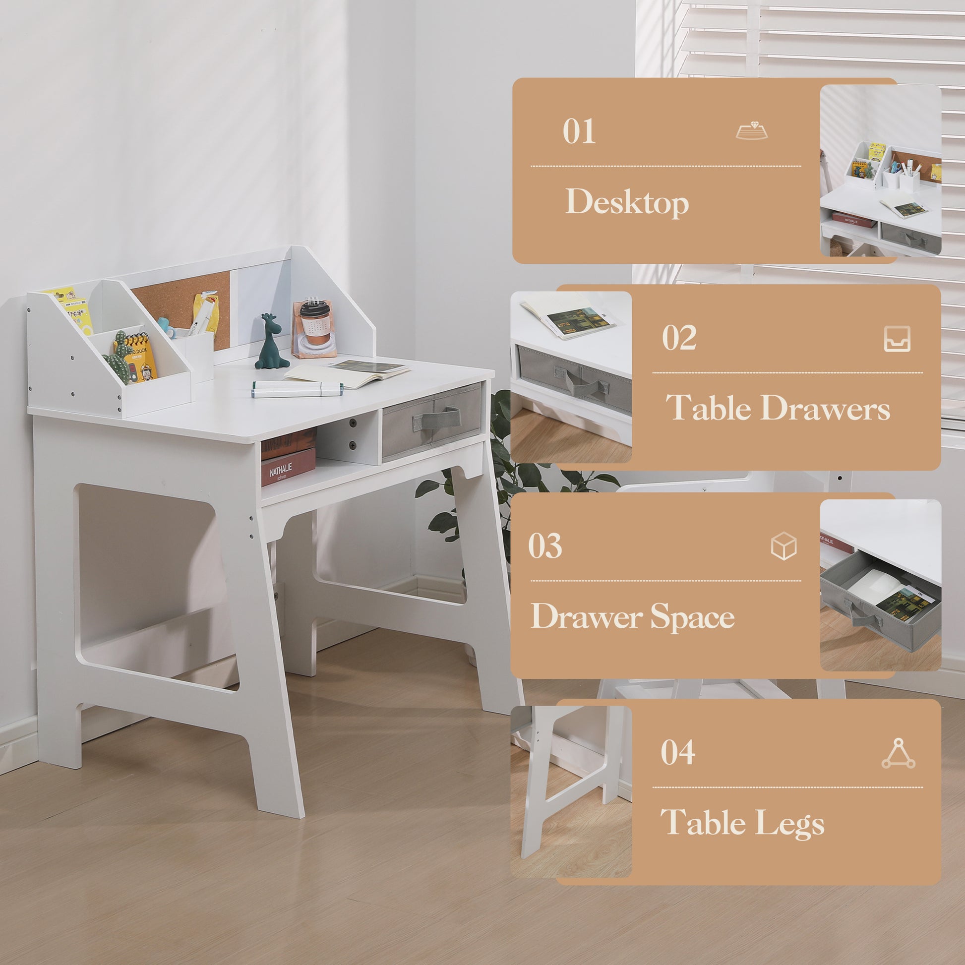 Garvee Kids Study Desk and Chair Set, Wood Writing Table with Storage Bins, Kids Study Desk with Bookshelf, Bulletin Board, Computer Desk for Boys Girls