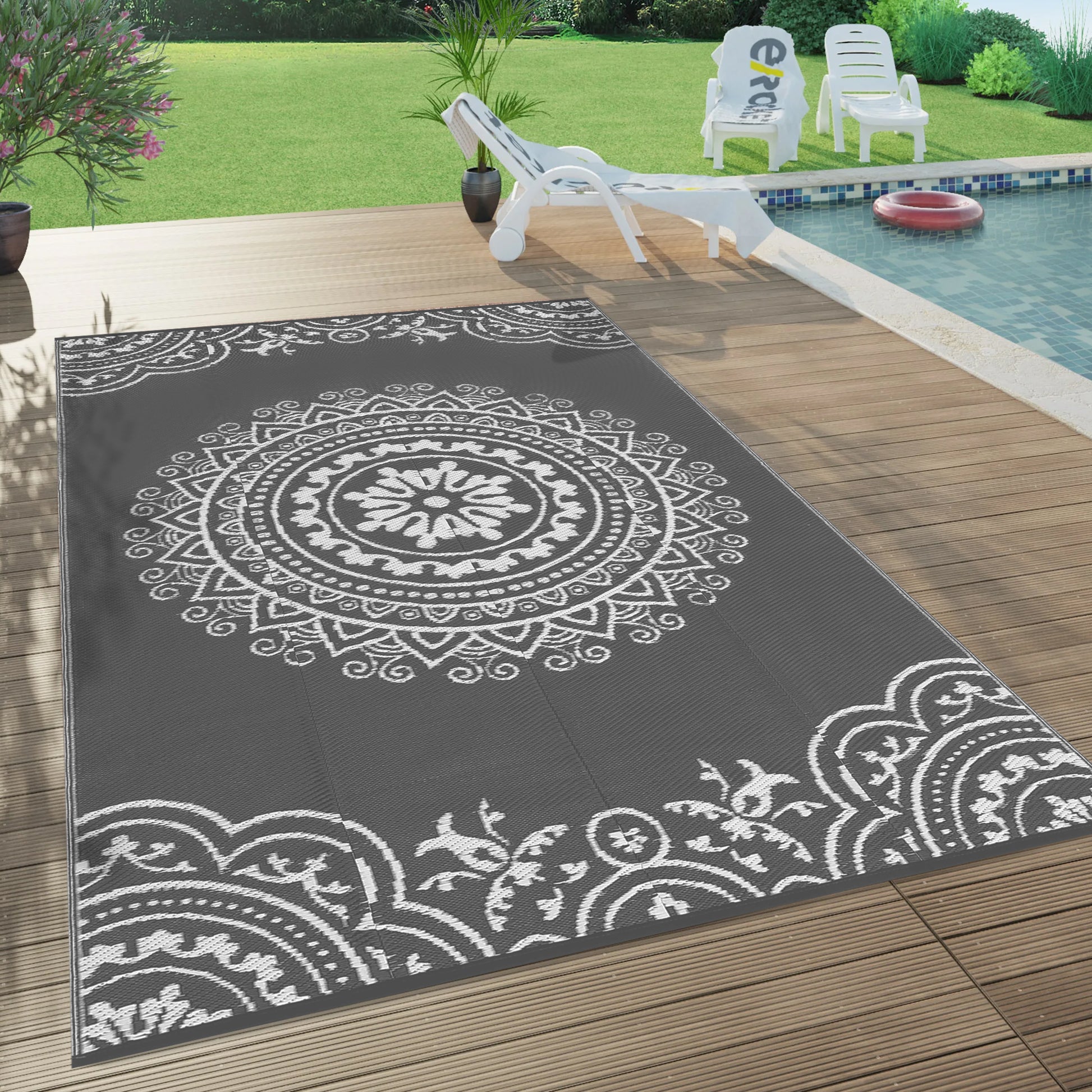 Garvee Outdoor Grey & White 5x8 Reversible Mats, Plastic Straw Rug, Modern Area Rug, Large Floor Mat for Outdoors, RV, Patio, Backyard, Deck, Picnic, Beach, Trailer, Camping, Porch, Balcony