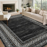 Garvee Bordered Dark Grey 9x12 Large Washable Thin Area Rug Soft Low Pile Non Shedding Floor Carpet Modern Anti Slip Rug, Distressed Geometric Bordered Rug for Living Room, Bedroom, Office - Dark Gray