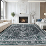 Garvee Vintage Green Washable Area Rug 6x9 – Non-Slip Low Pile Chenille Print Carpet for Living Room, Bedroom & Dining Room - Green