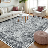 Garvee Persian Grey 9x12 Living Room Washable Non Slip Vintage Retro Rugs Low Pile Chenille Print Rug for Bedroom Dining Room Home Office - Gray