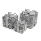 Garvee Set of 3 Christmas Lighted Gift Boxes, Pre-Lit Gift Present Boxes with Ribbons and Bows, Light Up Xmas Ornaments for Indoor Outdoor Christmas Tree, Home, Yard, Lawn, Silver