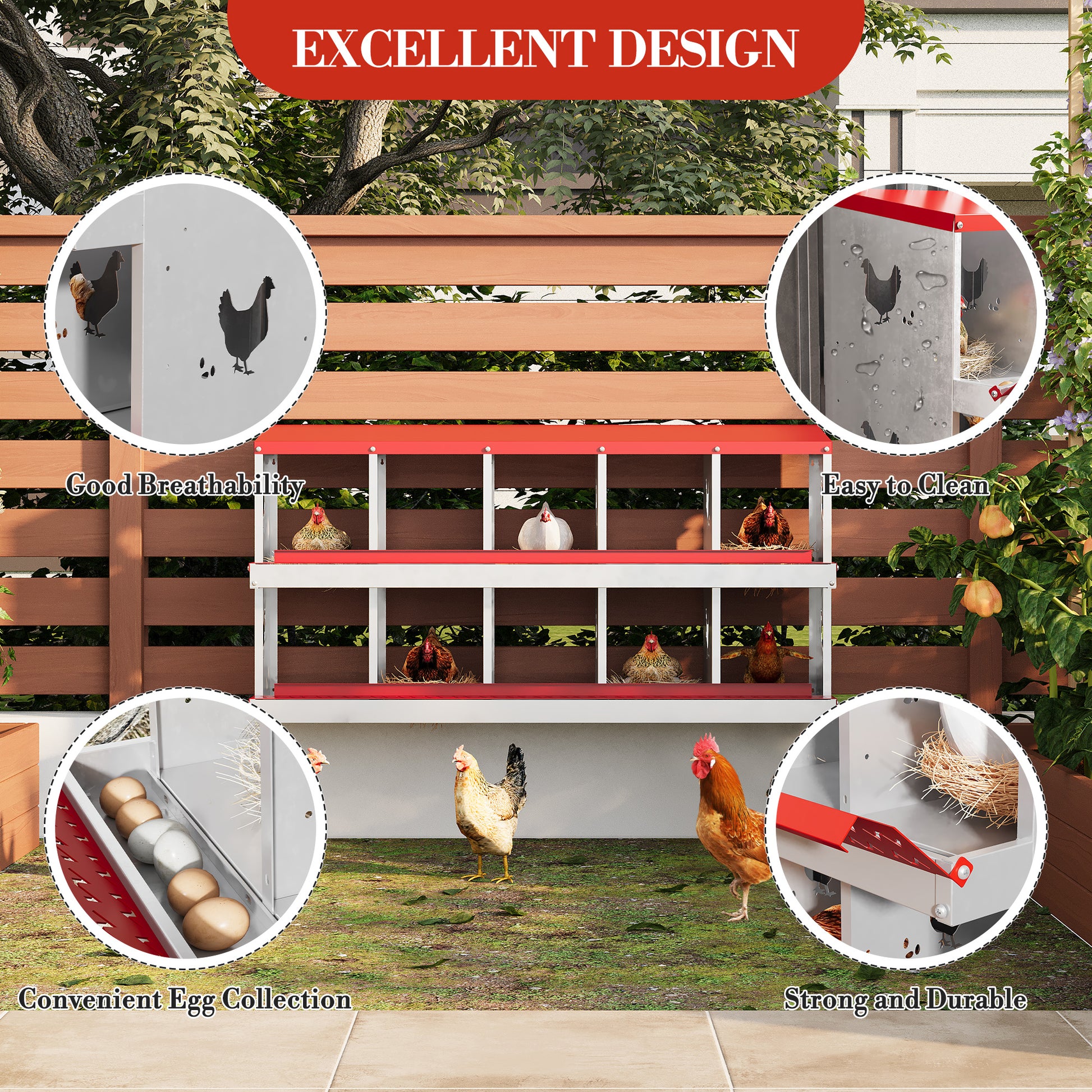 Garvee Metal Chicken Nesting Box with 10 Compartments, Heavy-Duty Galvanized Steel, Egg Roll-Away System, Ventilated Design, Wall-Mountable, Red, for Poultry Coops