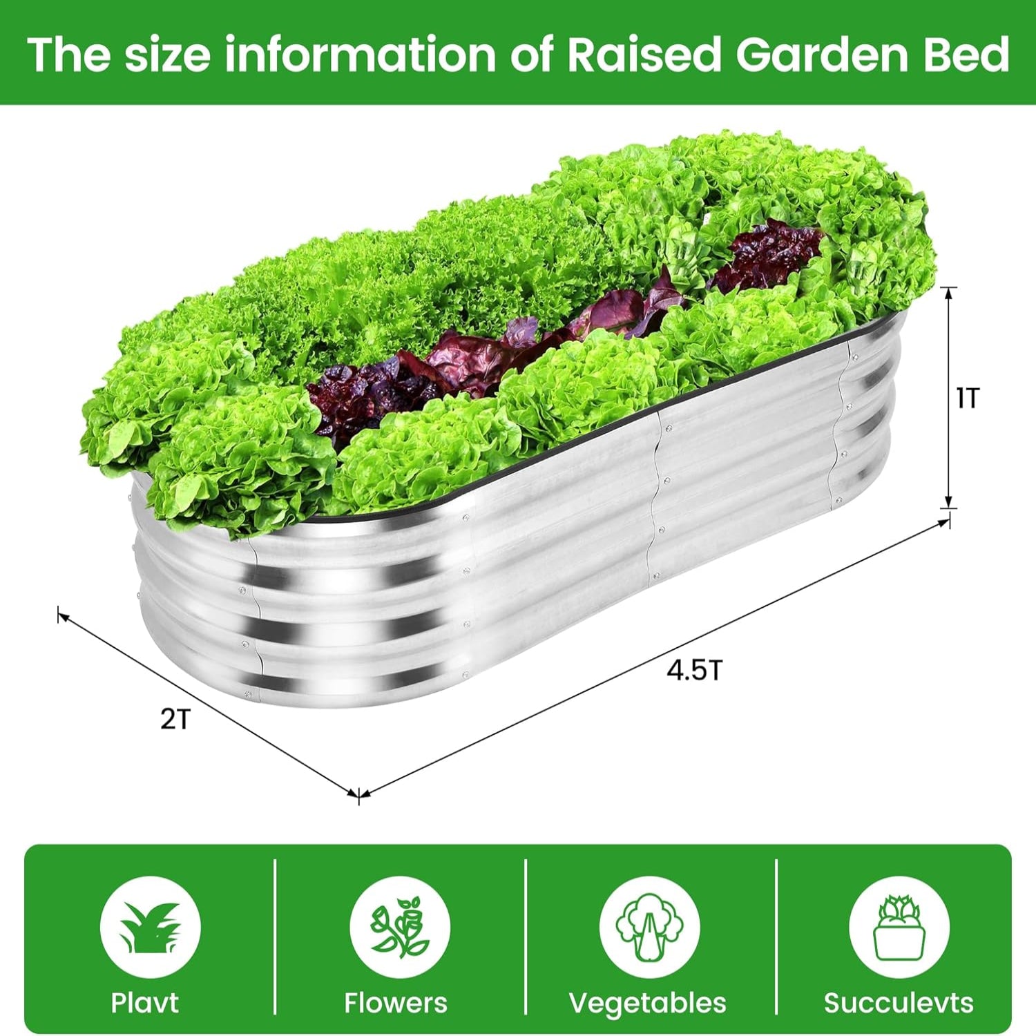 Garvee Raised Garden Bed 4.5×2×1ft Silver Galvanized Metal Planter Box + Anti-Rust + Open Bottom + Rubber Edge + Outdoor Use