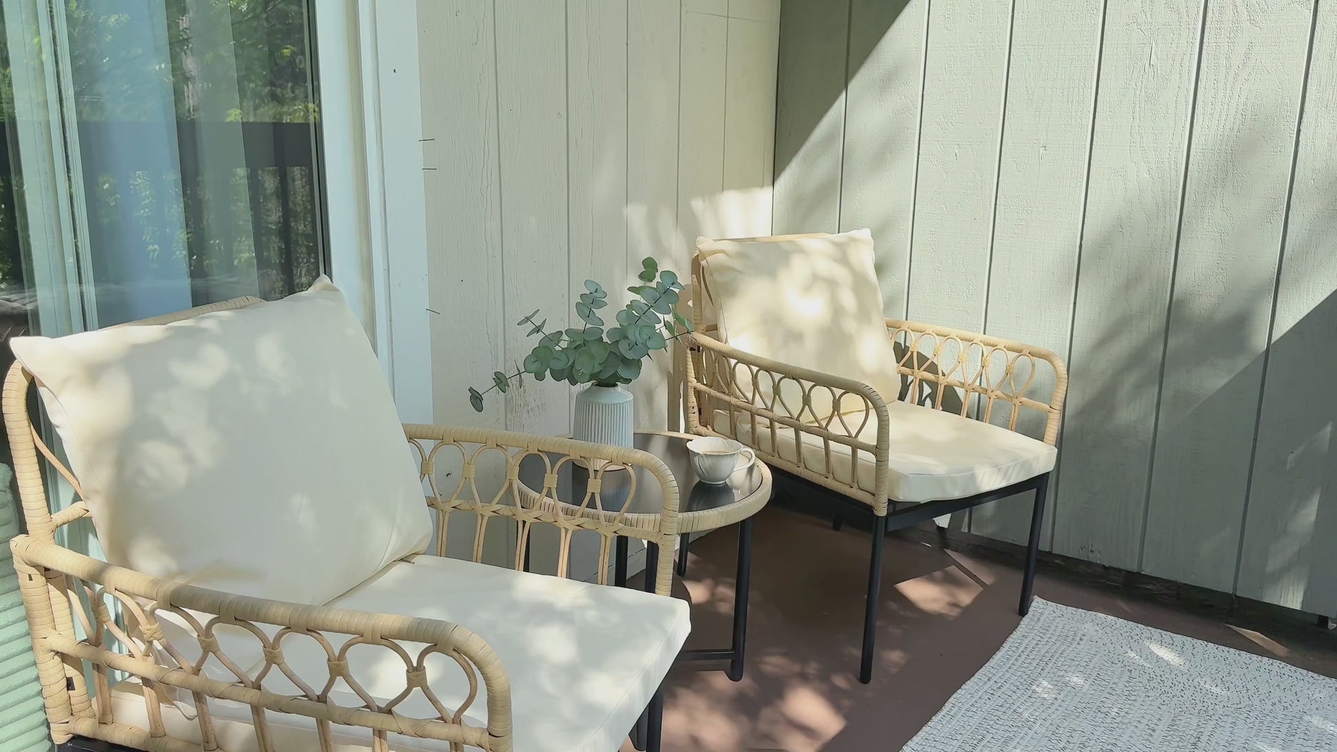 Garvee 3 Piece Outdoor Wicker Patio Bistro Set, All-Weather Rattan Conversation Set with Glass Top Coffee Table & Cushioned Chairs, Boho Balcony Furniture for Backyard, Poolside, Garden, Beige