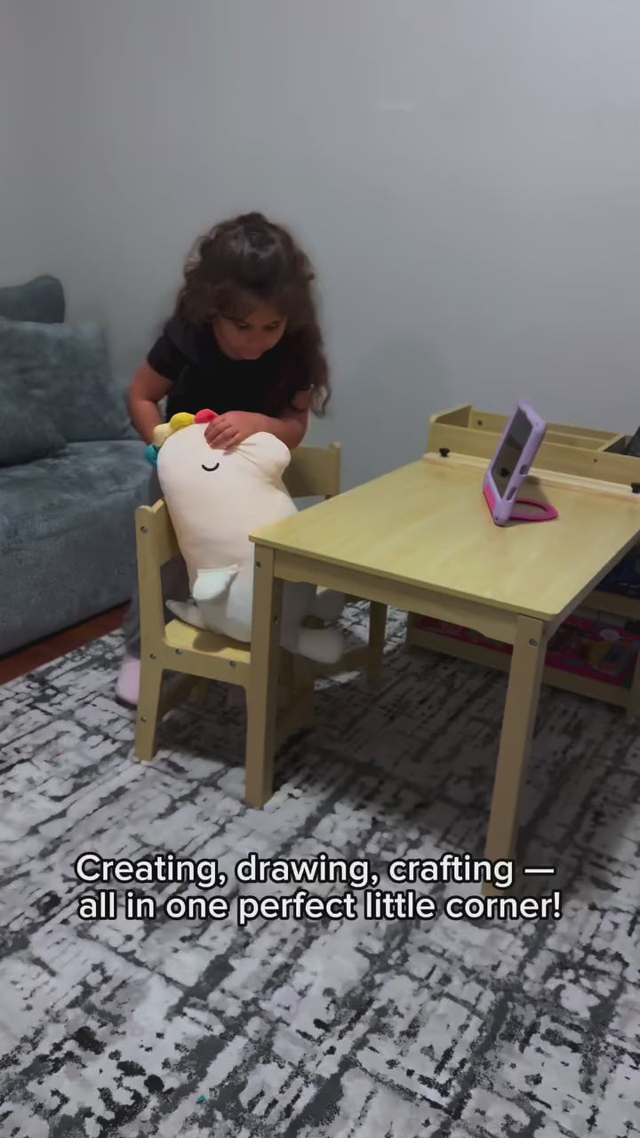 Garvee Kids Art Table with 2 Chairs, Toddler Craft Play Wood Activity Desk with Large Storage Shelves,Wood Activity Desk for Writing Drawing Suitable for Nursery & Classroom - Natural