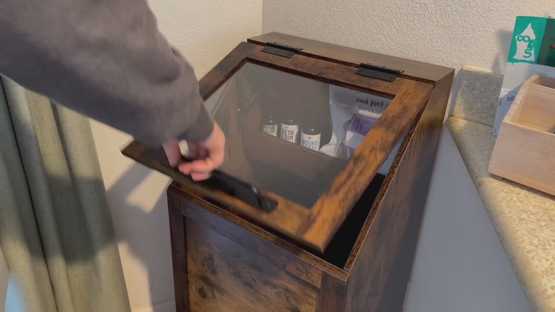 Garvee Pet Food Cabinet with 2 Elevated Bowls, Dog Feeding Station, Brown, Ample Storage, Concealed Feeder, Flip-Top Design