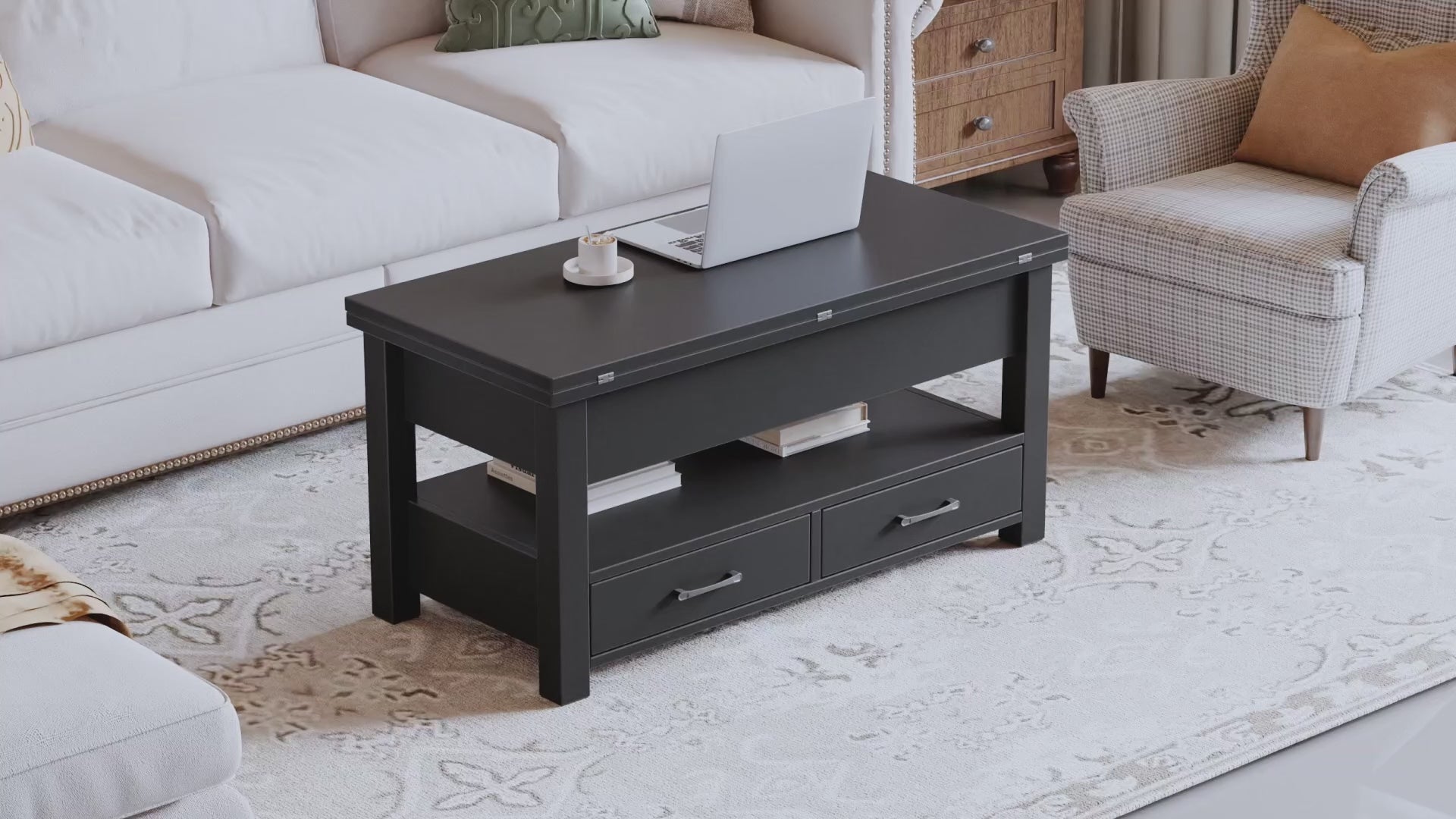 Garvee Coffee Table Lift Top, Multi-Function Convertible Coffee Table with Drawers and Hidden Compartment, Converts to Dining Table for Living Room, Home Office, Black