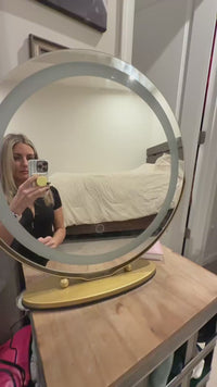 Garvee 19" Vanity Mirror with Led Lights, Large Round HD Makeup Mirror with Touch Control and 3 Color Lighting Modes, 360° Rotating Vanity Mirror for Bedroom, Table Top, Easy to Install, Gold