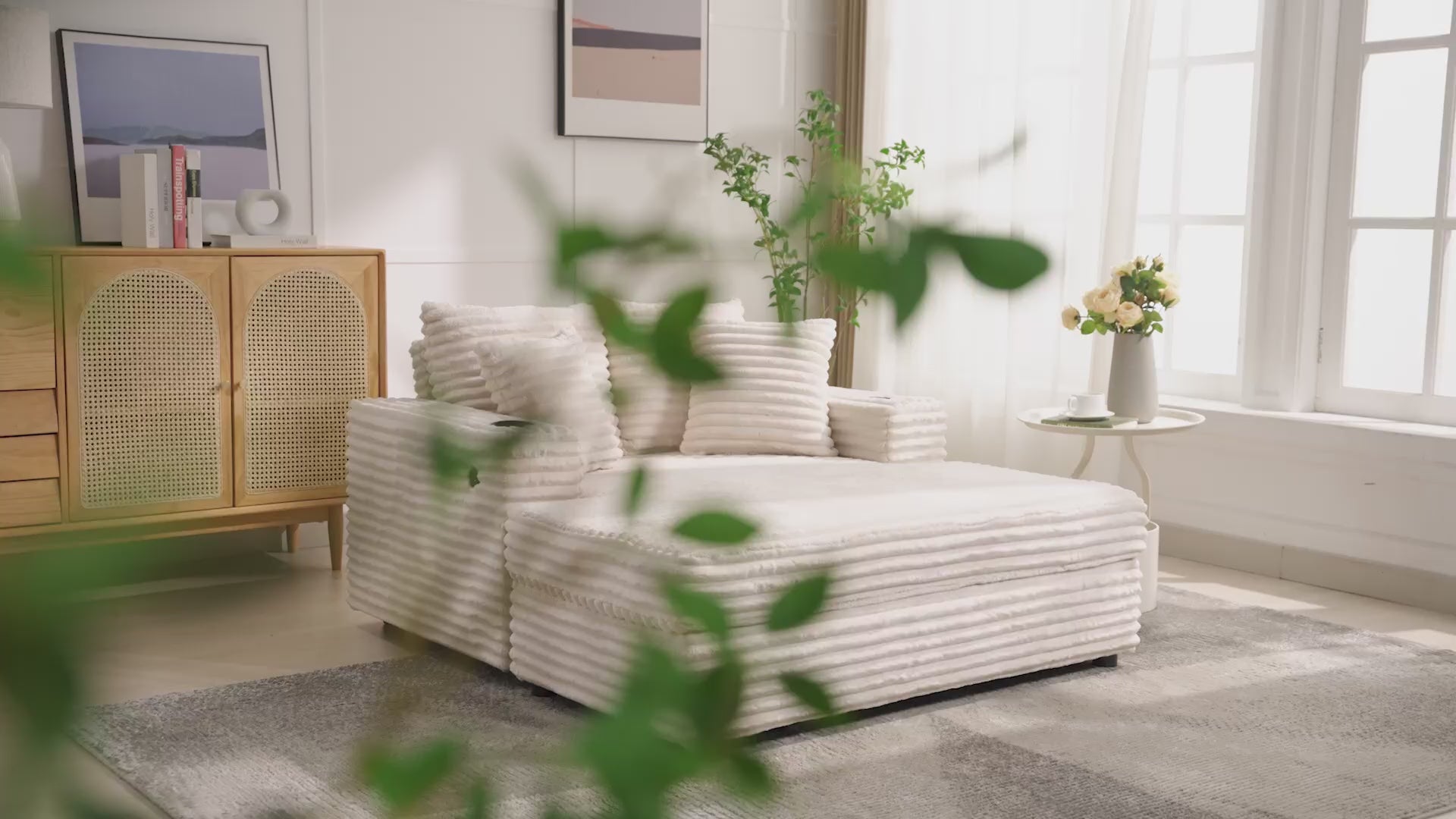 Garvee 60" Oversized Chaise Lounge Chair Indoor, Comfy Corduroy Lounge Sofa with Charging Station, Cup Holders & Throw Pillows, Cozy Sleeper Couch for Living Room Apartments, Beige