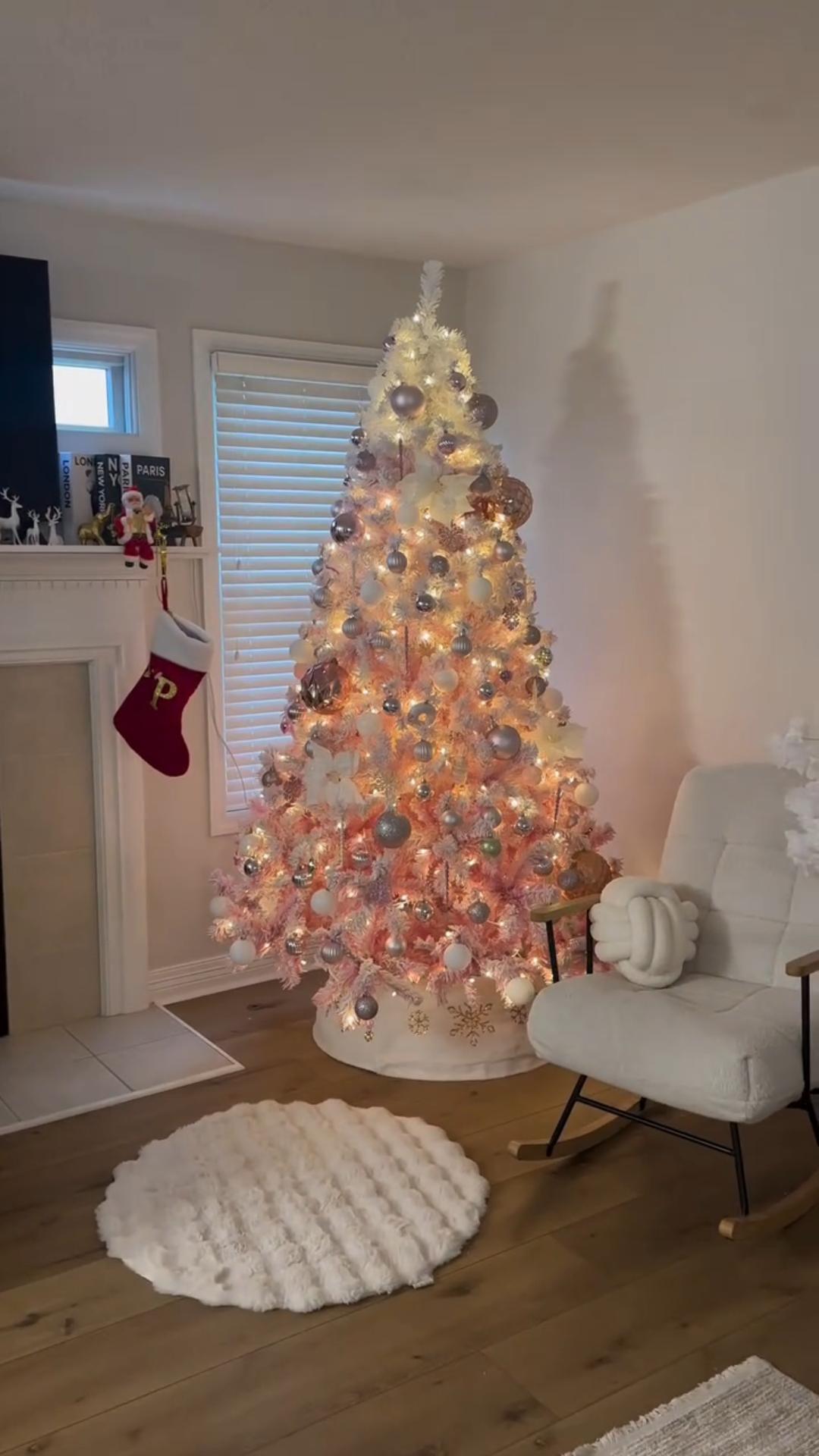 Garvee Pink Christmas Tree, 6ft Snow Flocked Artificial Christmas Tree with LED Warm White Lights & Foldable Metal Stand, Prelit Xmas Tree Holiday Decoration for Home, Office, Party