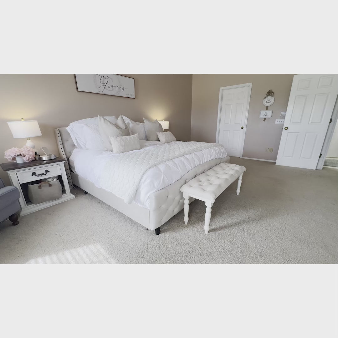 Garvee Queen Bed Frame with Headboard and Footboard, Velvet Upholstered Queen Size Bed Frame with Button Tufted Wingback Headboard, Wooden Slat Support, No Box Spring Needed, Beige