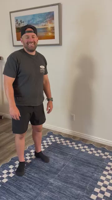 Garvee Bordered Dark Blue 10x13 Area Rug Large Living Room Scalloped Rug Non Slip Low Pile Bedroom Throw Carpet Soft Modern Bordered Dining Room Rug Stain Resistant Boho Carpet for Home Office