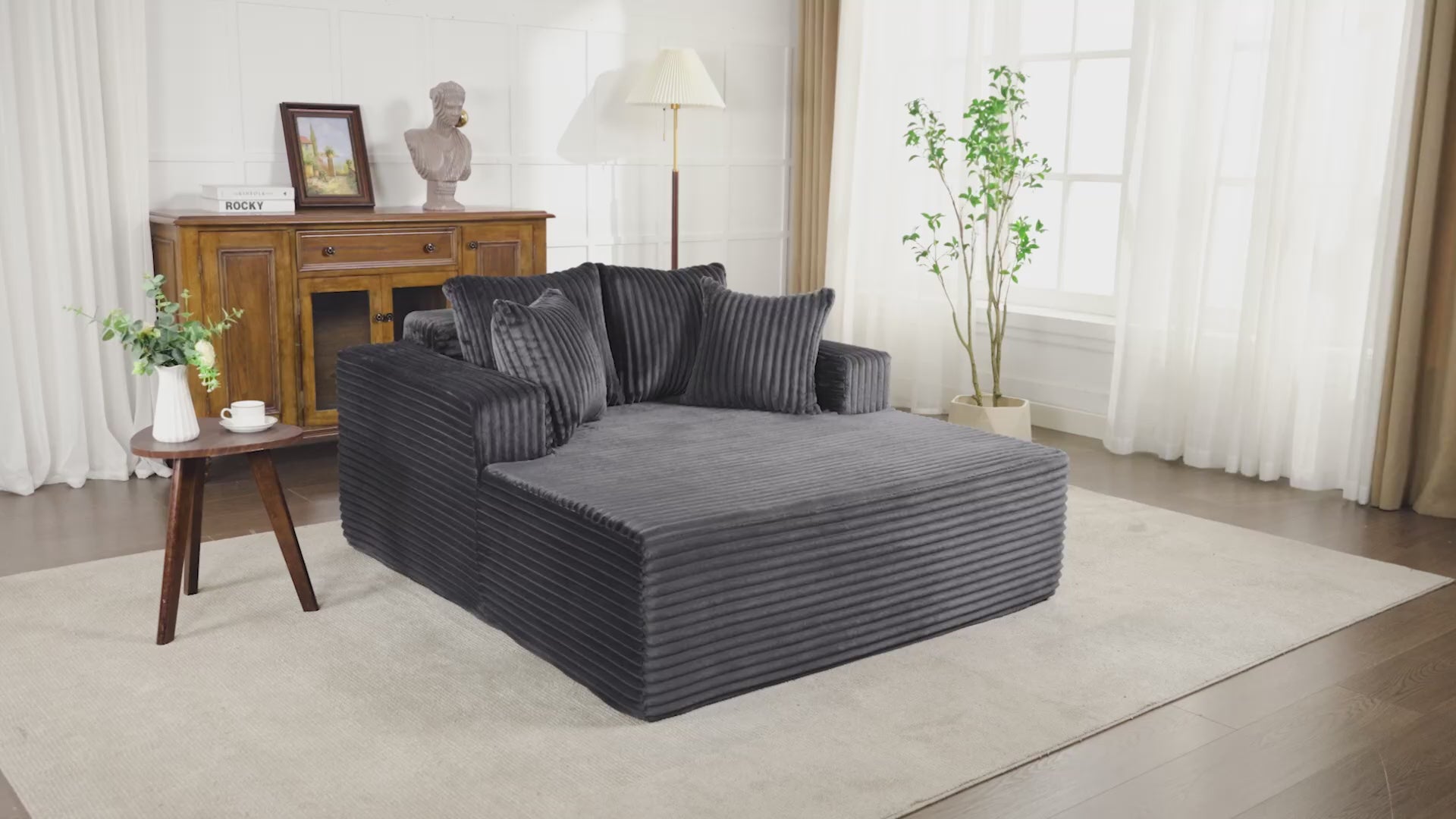 Garvee Boneless Couch 61'' Oversized Corduroy Chaise Lounge Chair, Deep Seat Cloud Sleeper Sofa Bed with 4 Fluffy Pillows & Armrests, No Assembly, for Living Room, Bedroom, Office, Grey