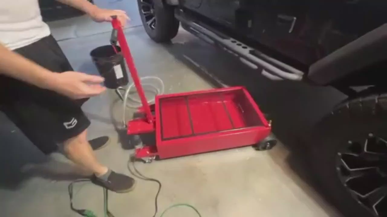 Garvee 20 Gal Oil Drain Pan with 12V Pump, Foldable T Handle, Wheels, 7.5 ft Hose, 76L Low Profile Tank for Car, Truck, Rust Resistant, Red