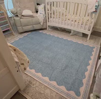 Garvee Scalloped 3x5 Area Rug Washable Non-Slip Low-Pile Indoor Rug Solid Blue Modern Minimalism Carpet for Bedroom Living Room Kitchen Bathroom Door Mat