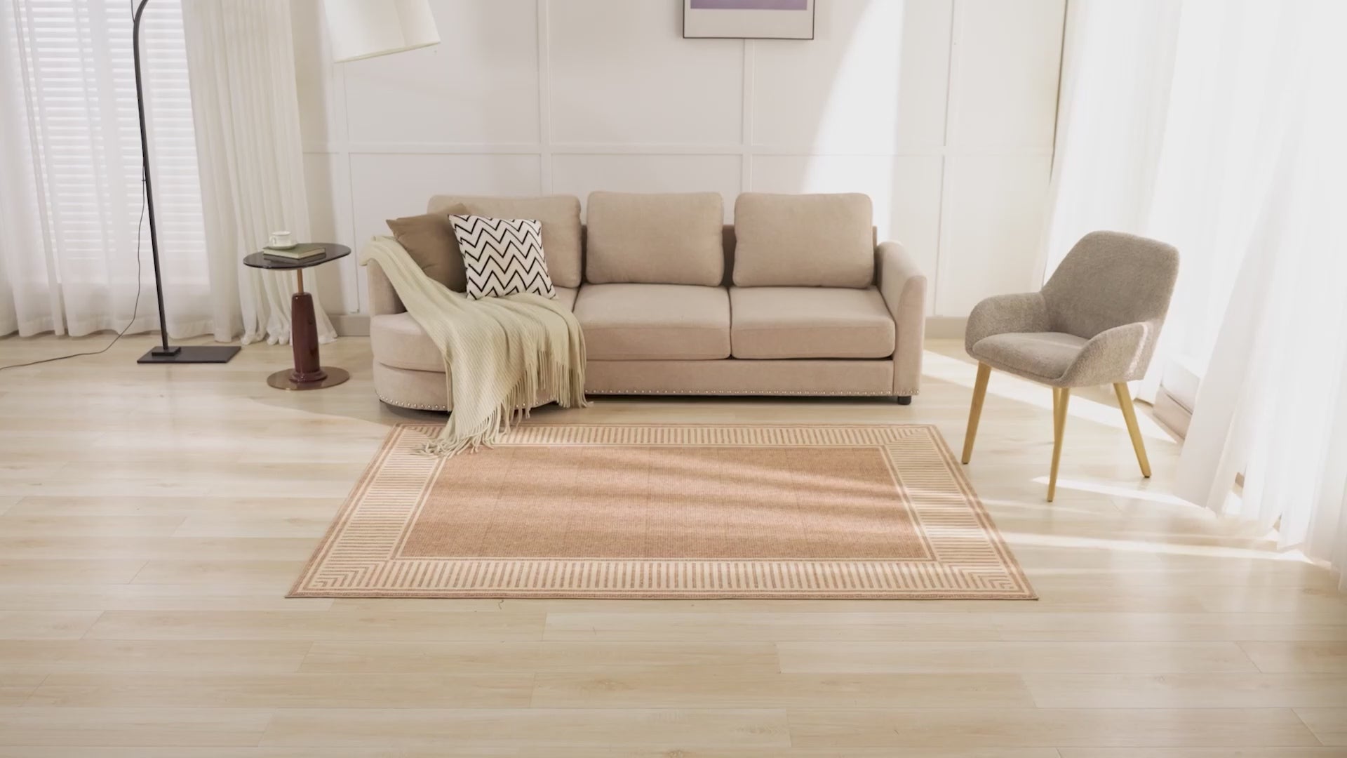 Garvee Bordered Khaki 8x10 Living Room Area Rug Modern Striped Border Throw Carpet with Rubber Backing Low Pile Stain Resistant Dining Room Rug Contemporary Bordered Carpet for Home Office, Khaki