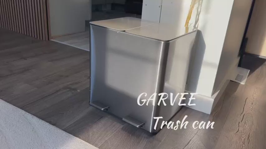 Garvee Dual Trash Can, 2x4 Gallon (2x15L) Stainless Steel Step Trash Can, Rectangular Garbage Can for Kitchen with 2 Compartments, Removable Inner Buckets, Soft-Close Lid, Airtight, Silver