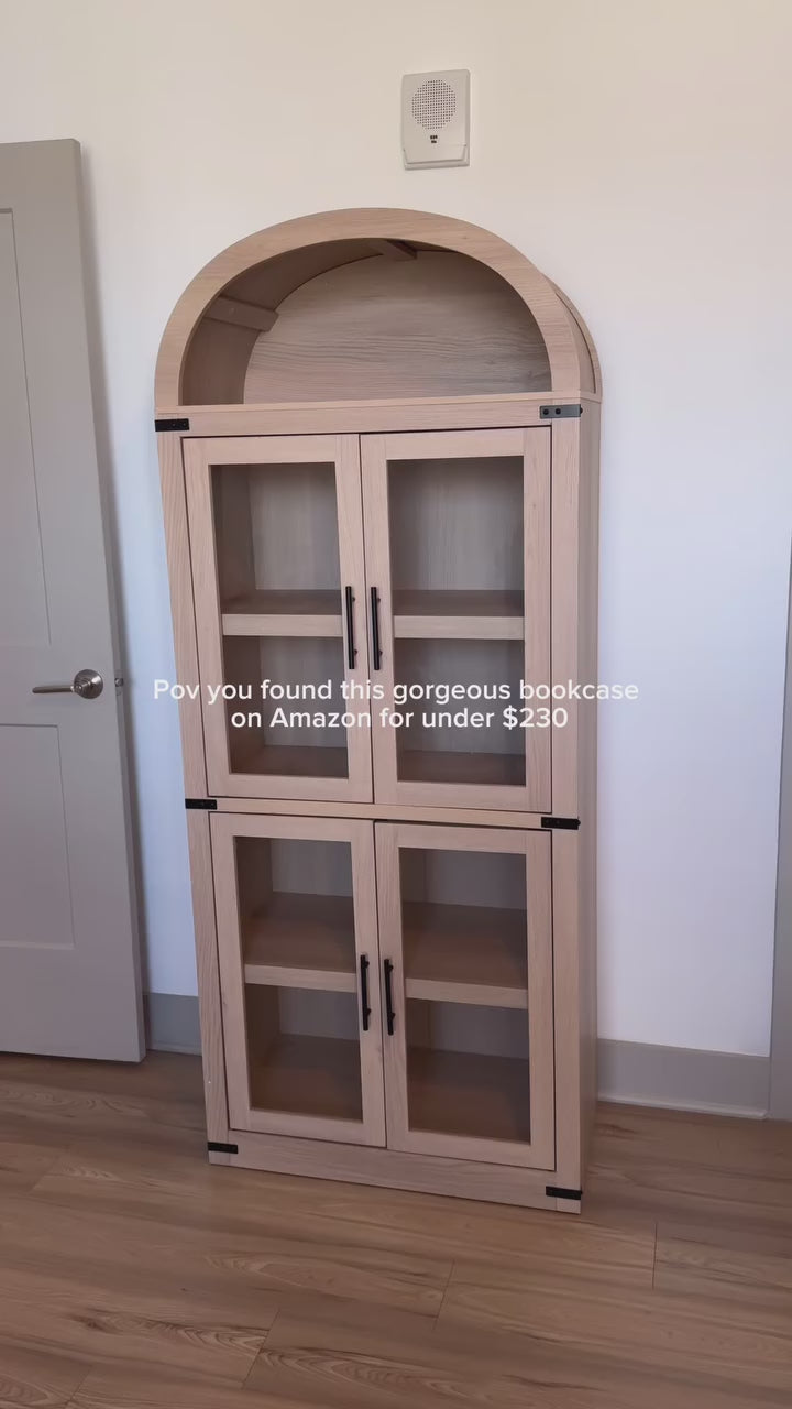 Garvee Arched Bookshelf with Doors, 71.4" Tall Wooden Display Cabinet Rounded Bookcases, Farmhouse Bookcase with 15.8" Depth Display Storage Shelves for Living Room, Kitchen, Office