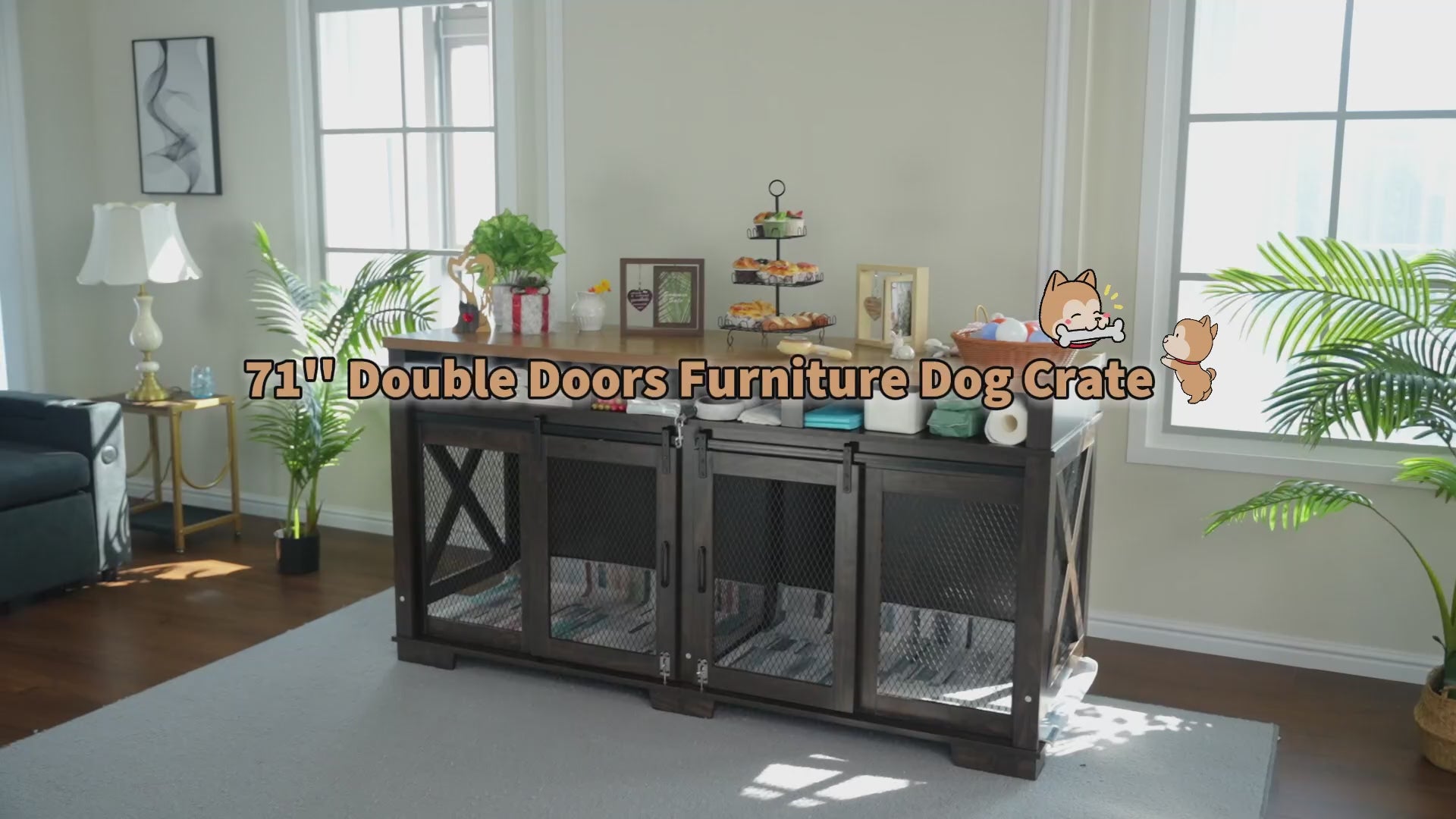 Garvee Dog Crate Furniture for 2 Dogs, 71" Heavy Duty Dog Kennel with 3 Storages and Removable Divider, Furniture Style Indoor Dog Crate Table TV Stand for Large Medium Dogs, White