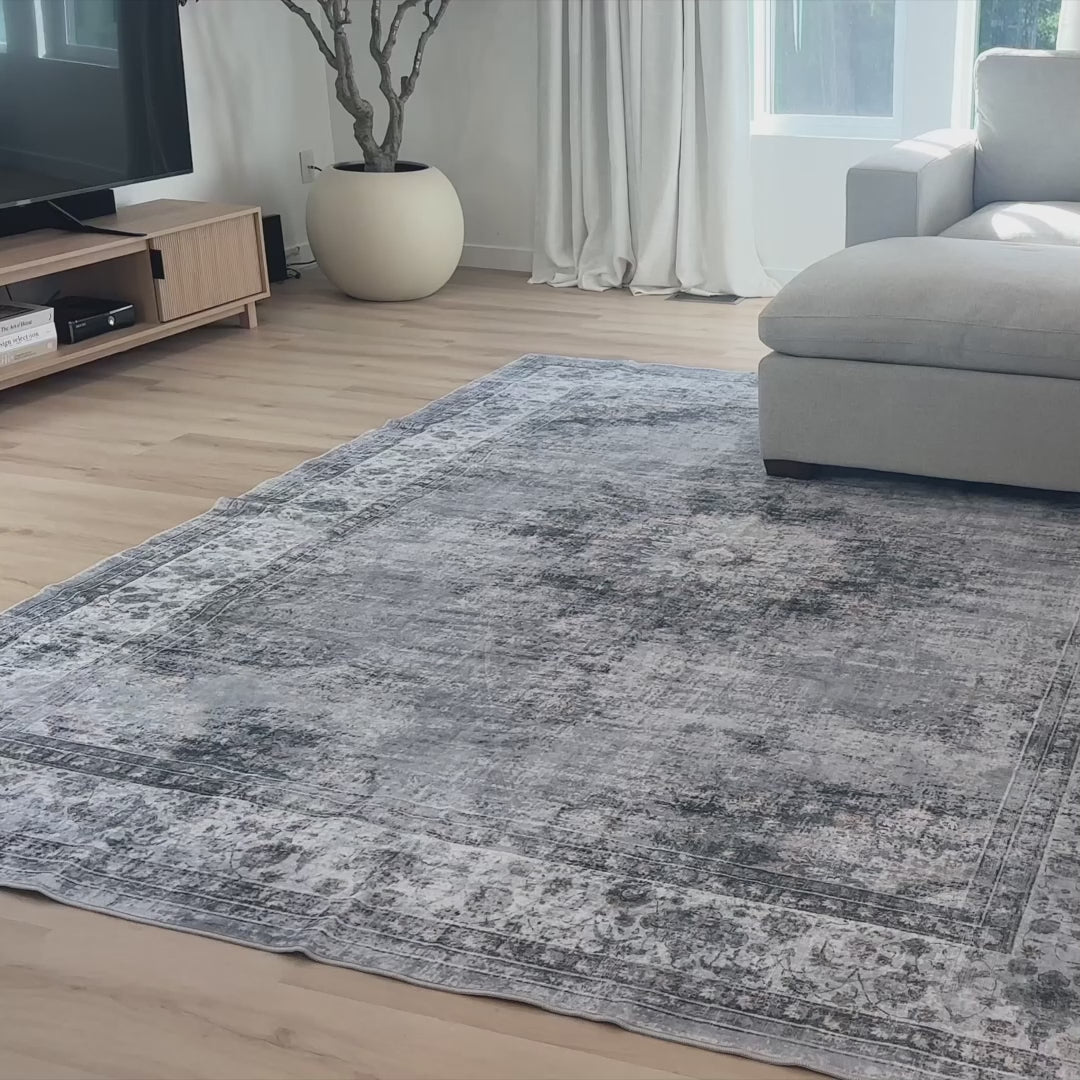 Garvee Persian Grey 8x10 Vintage Area Rug – Soft Distressed Medallion Machine Washable Non-Slip Low-Pile Carpet for Living Room, Bedroom, Dining Room, or Home Office, Foldable Rug