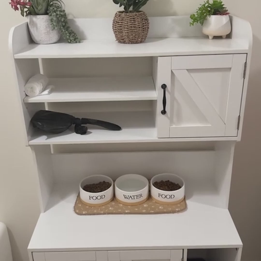 Garvee Cat Litter Box Enclosure, Modern Hidden Cat Litter Box Furniture with 4-Tier Storage Shelves, 2 Cabinets, Cat Litter Mat, Large Wood Indoor Cat House Furniture for Home, White