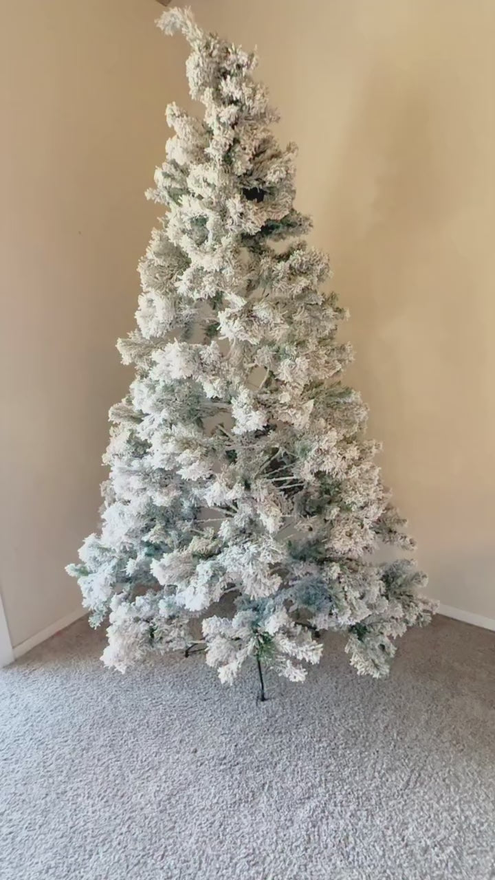 Garvee 6ft Pre-Lit Flocked Christmas Tree, Artificial Christmas Tree with Warm White Lights, Realistic Flocked Xmas Tree with Metal Hinges and Foldable Base for Home & Office Decor