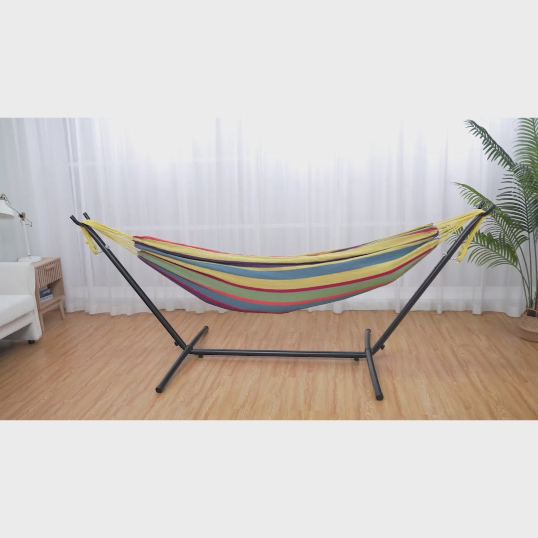 Garvee Double Hammock with Space Saving Steel Stand Included, 2 Person Outdoor Hammock, Portable Hammocks with Carry Bag, 450lb Capacity Standing Hammocks for Outside Garden Backyard