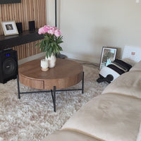 Garvee Farmhouse Round Coffee Table with Two Drawers, Living Room Wood Center Table with Metal Legs, Vintage Style, Easy Assembly, Brown