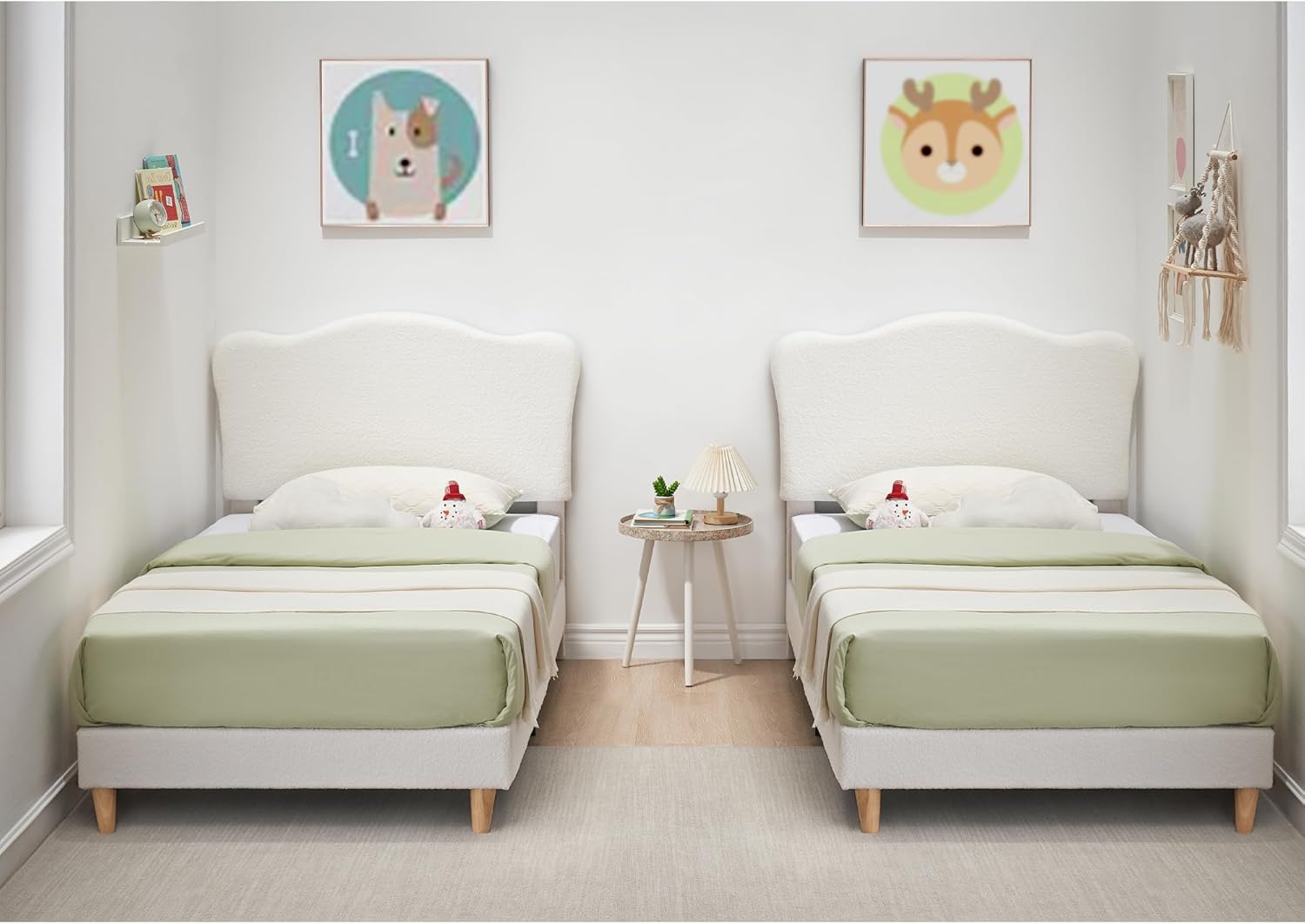 Garvee Upholstered Twin Size Bed Frame for Kids with Crown Headboard, Cute Velvet Twin Bed for Girls, Boys, Sturdy Platform Bed, No Box Spring Needed, Wooden Slats, Noise Free, White