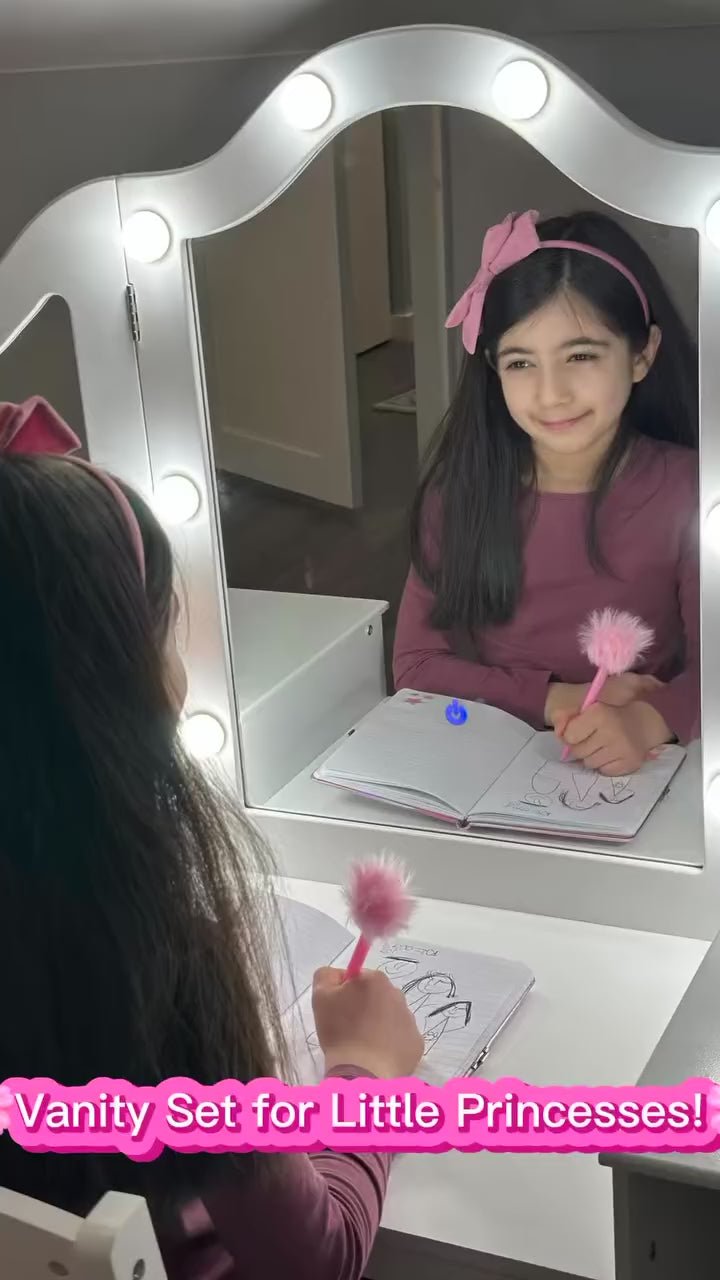 Garvee Kids Vanity Table, Girls 2 in 1 Princess Makeup Desk with Touch Light Detachable Tri-Folding Mirror, Open Storage Shelves, Wood Makeup Playset with Chair, Princess Vanity Table for Little Girls