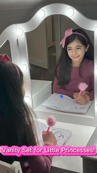 Garvee Kids Vanity Table, Girls 2 in 1 Princess Makeup Desk with Touch Light Detachable Tri-Folding Mirror, Open Storage Shelves, Wood Makeup Playset with Chair, Princess Vanity Table for Little Girls