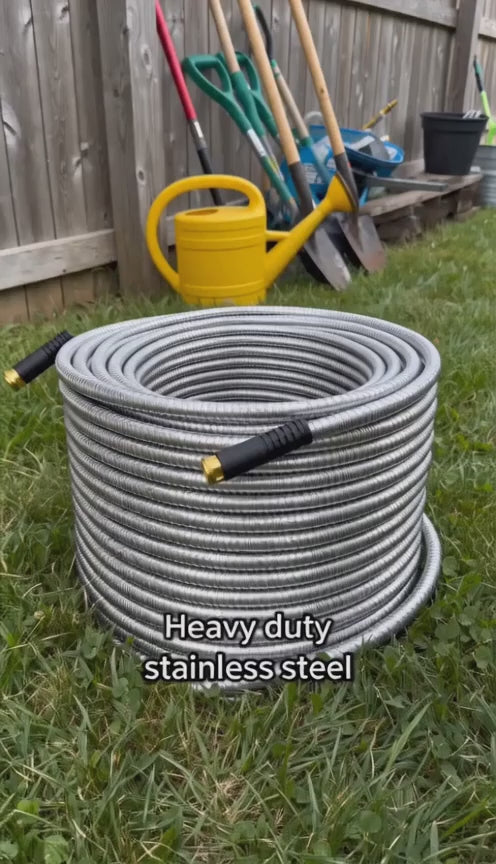 Garvee 100FT Heavy Duty Stainless Steel Garden Hose – Flexible, Kink-Free Metal Water Hose with 10-Function Leak-Proof Spray Nozzle, Sturdy Brass 3/4'' Connectors