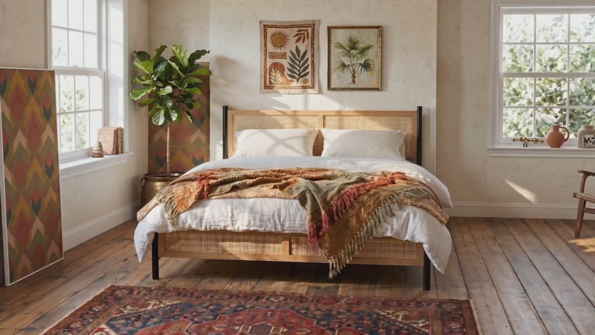 Garvee Rattan Queen Bed Frame with Headboard,Boho Bed Frame Queen Size with Hand Woven Wicker Headboard & Footboard,Mid Century Modern Platform Queen Size Bed, Wood Slats,No Box Spring Needed