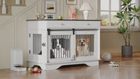 Garvee 47 in Dog Furniture Crate, Large Furniture Style Dog Crate w/ 2 Storage Draws & Removable Divider & Triple Door Design for Large/Medium/Small Dogs, White+Brown Table Top