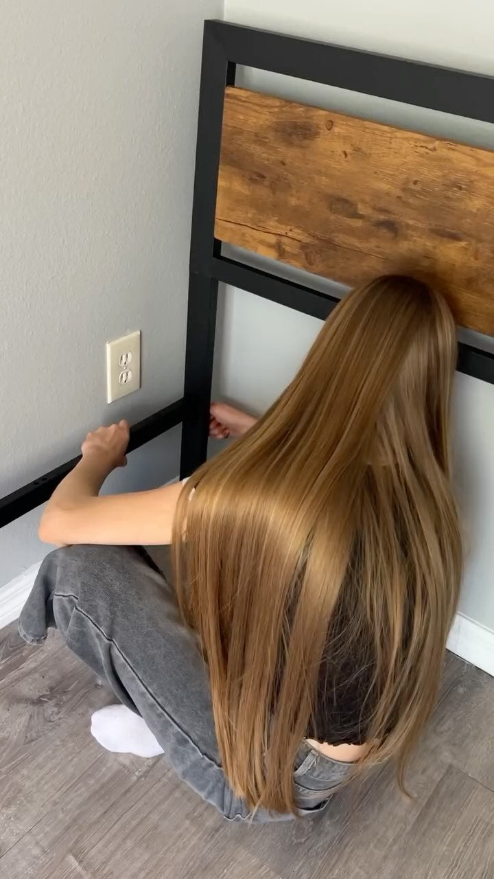 Garvee Queen Size Bed Frame Metal Platform + Wooden Headboard & Footboard + Heavy-Duty Steel Slats + Rustic Brown