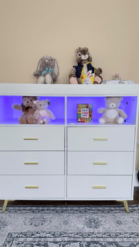 Garvee 6 Drawer Dresser for Bedroom with LED Lights and Power Outlet, Wide Chest of Drawers with 2 Open Storage Shelves, Baby Changing Table with Removable Changing Table Top, White